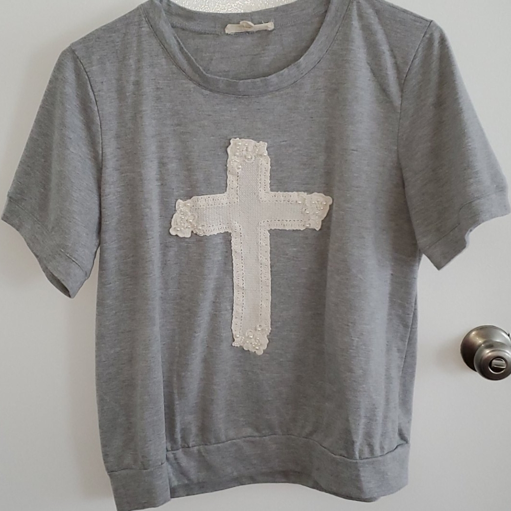 Embroidedered cross shirt with pearl beads